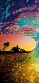 Vibrant sunset viewed through a glowing ocean wave with tropical silhouettes.