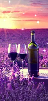 Wine bottle and glasses in lavender field at sunset.