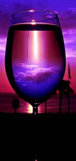 Purple sunset reflection in wine glass wallpaper.