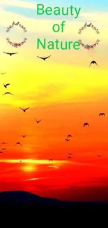 Vibrant sunset sky with flying birds mobile wallpaper.