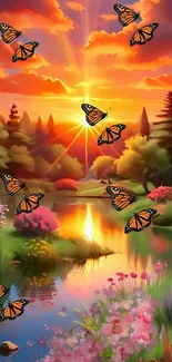 Vibrant sunset wallpaper with butterflies.