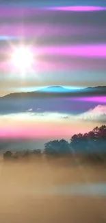 Bright sunset with colorful light rays over a misty landscape.