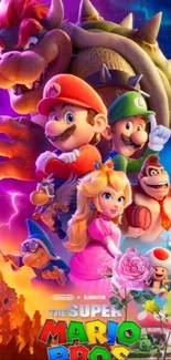 Colorful Super Mario Bros wallpaper with Mario, Luigi, and Princess Peach.