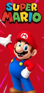 Energetic Super Mario mobile wallpaper with a vibrant red background.