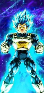 Super Saiyan character in vibrant blue aura wallpaper.