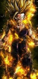 Super Saiyan character with fiery aura in anime wallpaper.