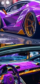 Vibrant purple supercar with luxurious interior design.