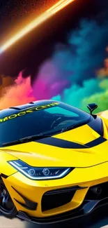 Yellow supercar with rainbow colors background on mobile wallpaper.