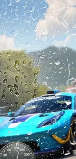 Blue supercar racing in the rain with a scenic backdrop.