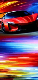 Colorful supercar speeding through dynamic streaks of vibrant colors.