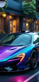 Vibrant metallic supercar on a city street at night.