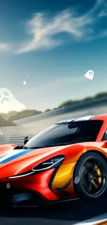 Vibrant orange supercar on racetrack with ghostly elements.