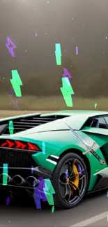 Green supercar with vibrant geometric design on the road.