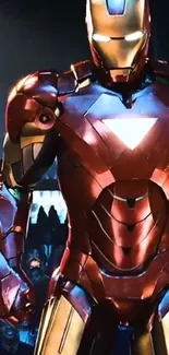 Iron Man in armor with glowing chest triangle.