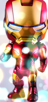 Vibrant superhero in red and gold armor with dynamic colorful background.