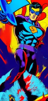 Superhero in vibrant comic-style art with bold colors for mobile wallpaper.