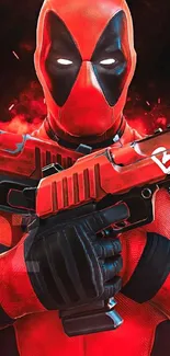 Vibrant superhero in red and black, holding guns with intense expression.