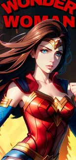 Wonder Woman vibrant cartoon wallpaper with red tones.