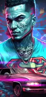 Neon superhero with car and colorful background art.