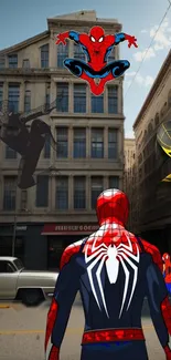 Superheroes in vibrant city scene wallpaper