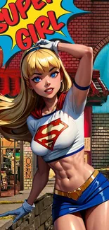 Vibrant superhero comic art with a dynamic female hero in an urban setting.