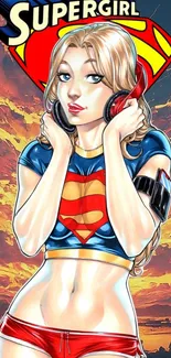 Vibrant Supergirl digital art in comic style with dynamic orange background.