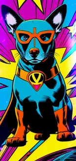 Colorful superhero dog illustration with vibrant comic style.