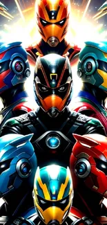 Dynamic superhero helmets in colorful futuristic design on mobile wallpaper.