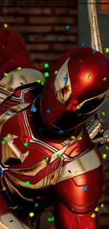 Superhero in red and gold suit with colorful confetti.