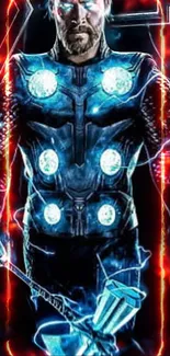 Superhero with glowing armor surrounded by lightning in a vibrant design.