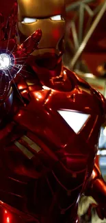 Superhero in red armor with glowing hand background