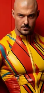 A superhero in a vibrant, striped costume with a bold expression.