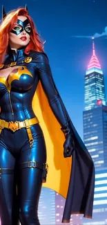 Superhero in vibrant cityscape at night.