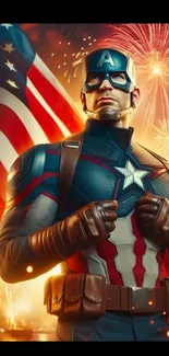 Superhero with American flag and fireworks in background