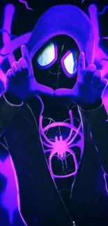 Neon superhero in vibrant purple and blue glow.