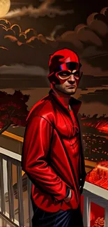 Superhero in red overlooking a city by night.