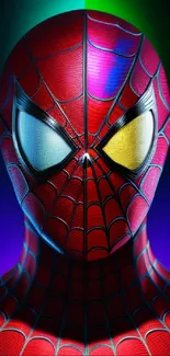 Superhero mask with vibrant red and colorful lighting suited for phone wallpaper.