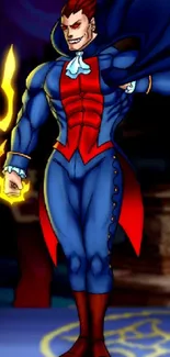 Superhero in blue and red costume with energy effects on mobile wallpaper.