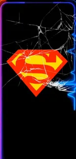 Vibrant superhero-themed phone wallpaper with a cracked screen effect.