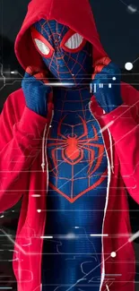 Superhero dressed in red and blue outfit, vibrant phone wallpaper.