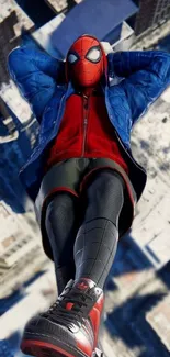 Dynamic superhero flies over a snowy city skyline, clad in red and blue attire.