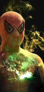 Superhero with smoke effects in vibrant red and green hues.