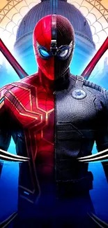 Vibrant superhero split wallpaper with blue and red tones.