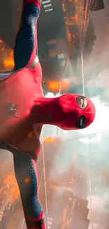 Superhero in red suit swinging in vibrant cityscape.