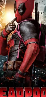 Deadpool striking a pose in a city setting, iconic costume visible.