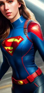 Strong female superhero in blue and red suit mobile wallpaper.