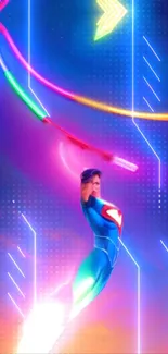 Superhero flies through neon-lit digital space with vibrant colors and energy.