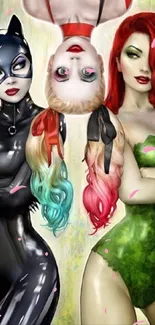 Vibrant superheroine trio on mobile wallpaper.