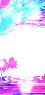 Colorful wave and palm trees digital wallpaper for mobile