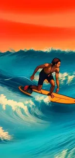 Surfer riding ocean waves under vibrant orange sunset.